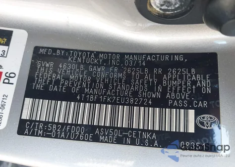 2014 Toyota Camry Le из США, поврежденный, VIN 4T1BF1FK7EU382724